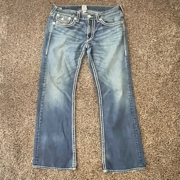 True Religion Billy Big QT World Tour Boot Cut Jeans Size 38x32 VGC White Detail - Picture 1 of 15